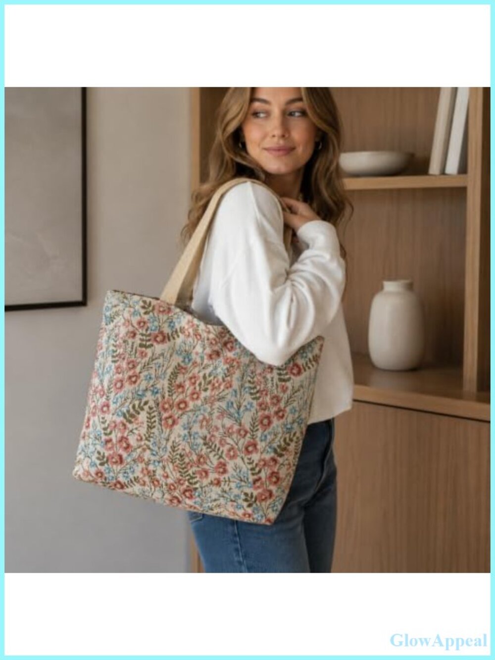 Vintage Floral Canvas Tote Bag Large Shoulder Bag with Soft Strap Zipper Closure